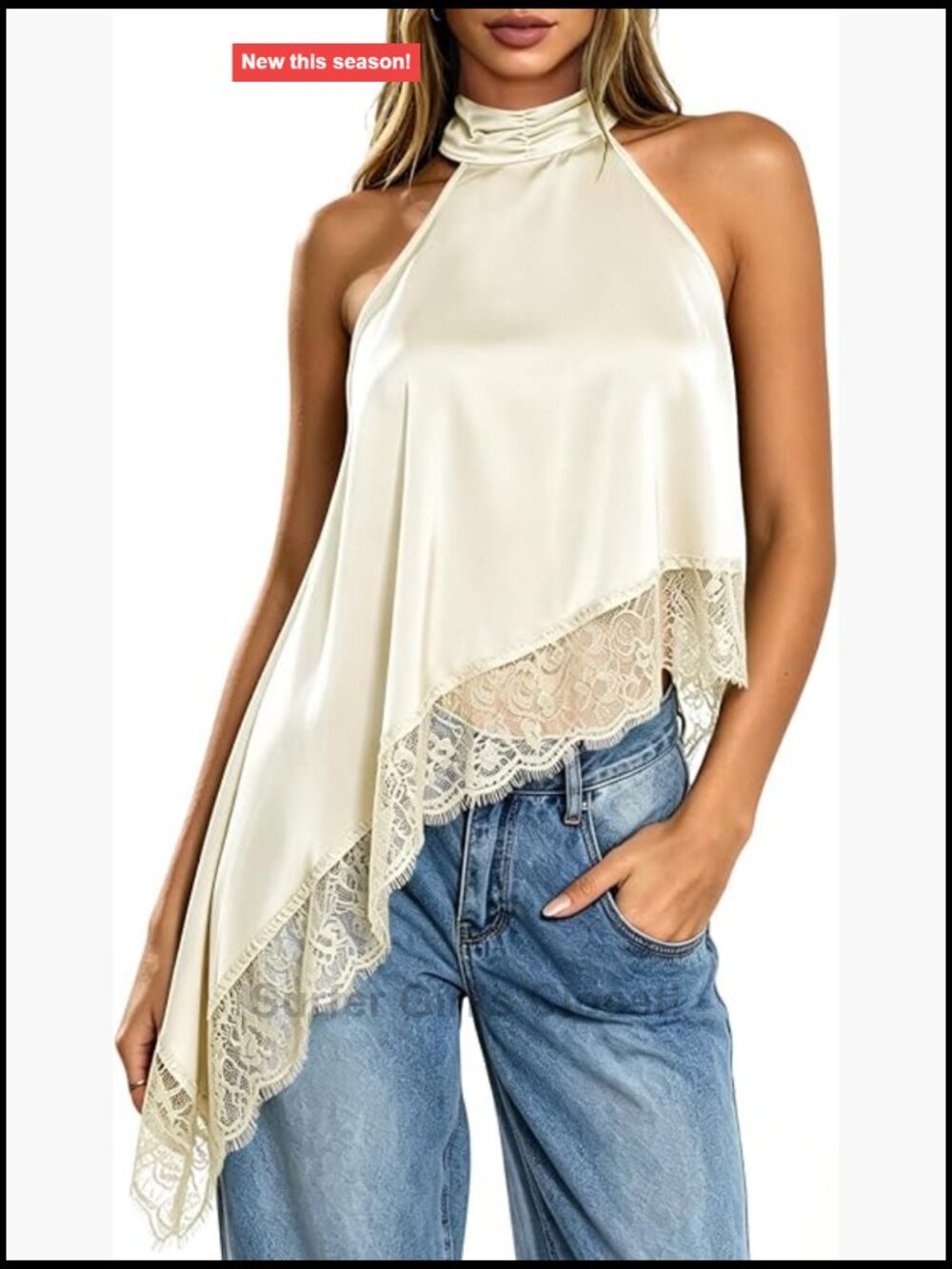 Women's Halter Neck Satin Tank Top Sleeveless Lace Asymmetrical Hem Blouse